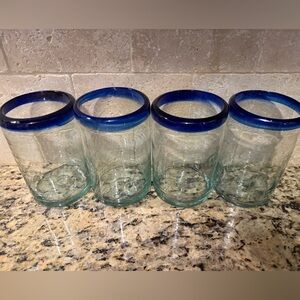 Tumblers - Hand Blown in Mexico Set of 4 - 14 oz Cobalt Blue Rim. Vintage